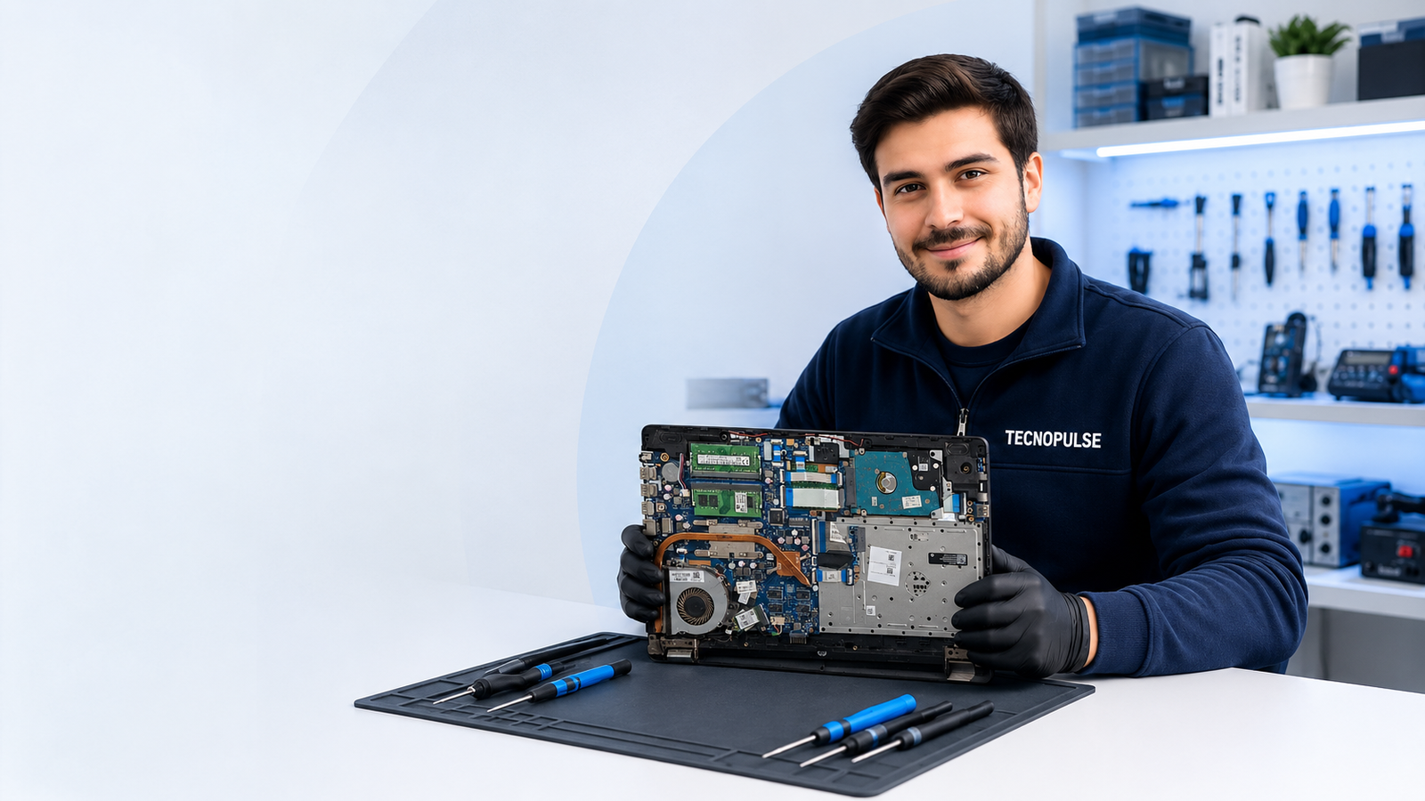 Técnico de TECNOPULSE realizando servicio técnico de notebook